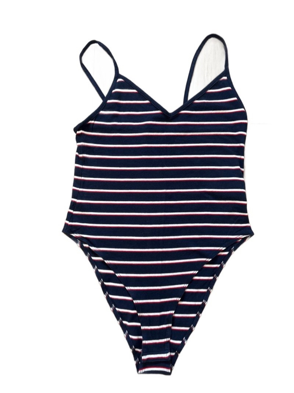 H&M Navy, White & Pink Striped V-Neck Bodysuit